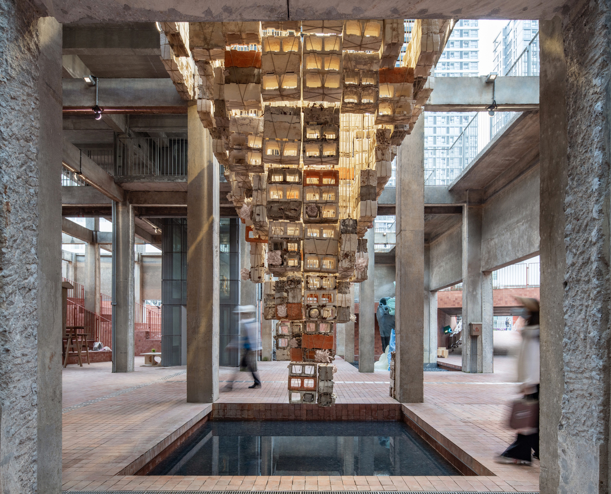 Inverted Architecture Installation from 400 Hanging Mushroom Bricks
