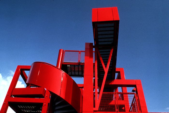 A folie with stairs and balcony of Parc de la Villette