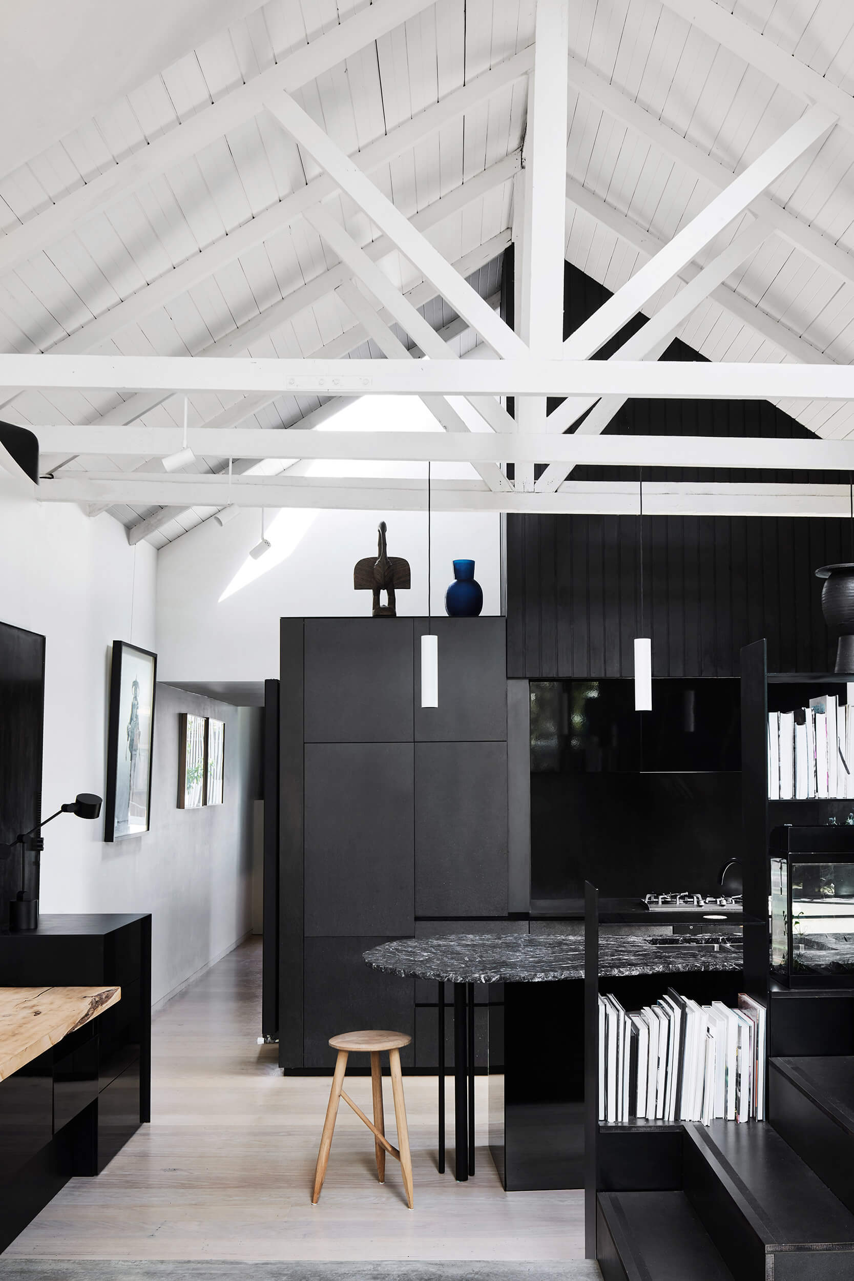 Host House's kitchen interior intersects the original white structure with additional elements in black. Photo by Sharyn Cairns