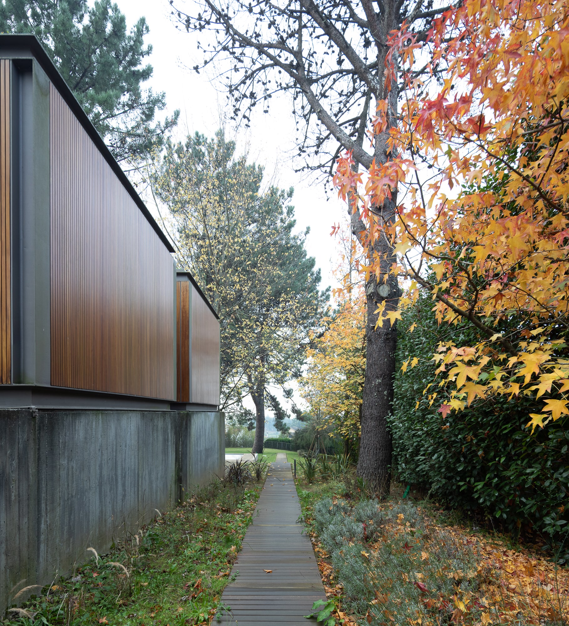 Concrete material dominates the volume of the ground floor, while the first floor features a blend of steel and wood materials