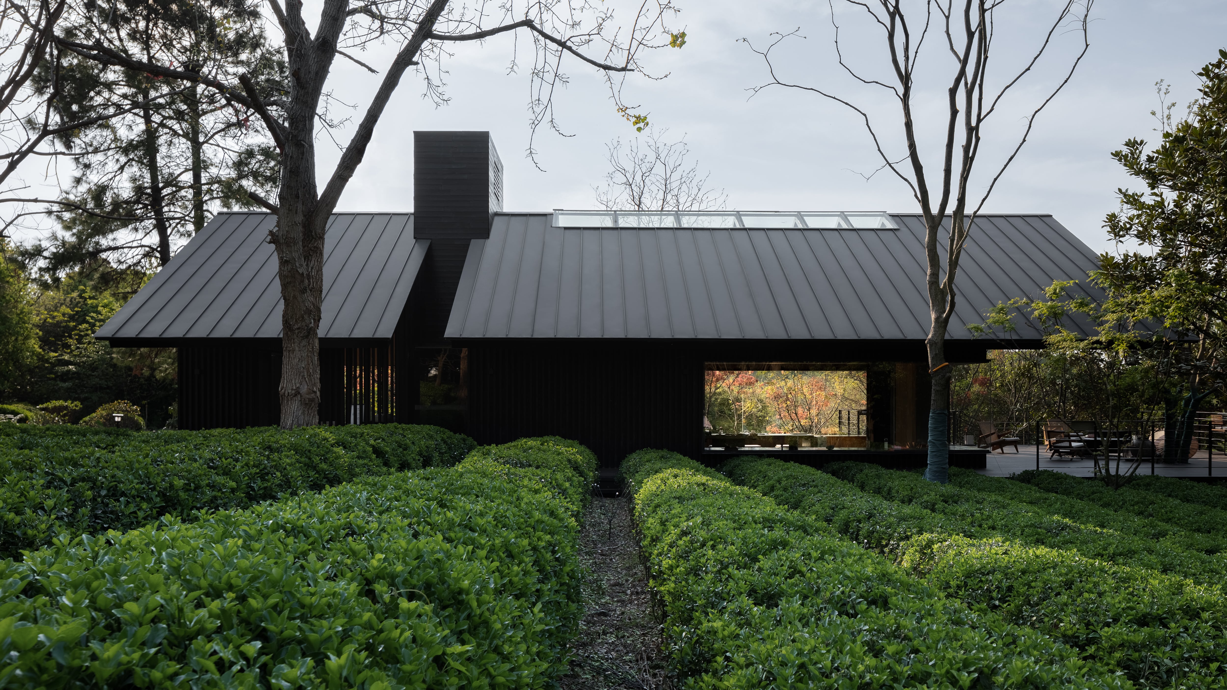 The MIX-designed forest tea house has an entirely dark facade