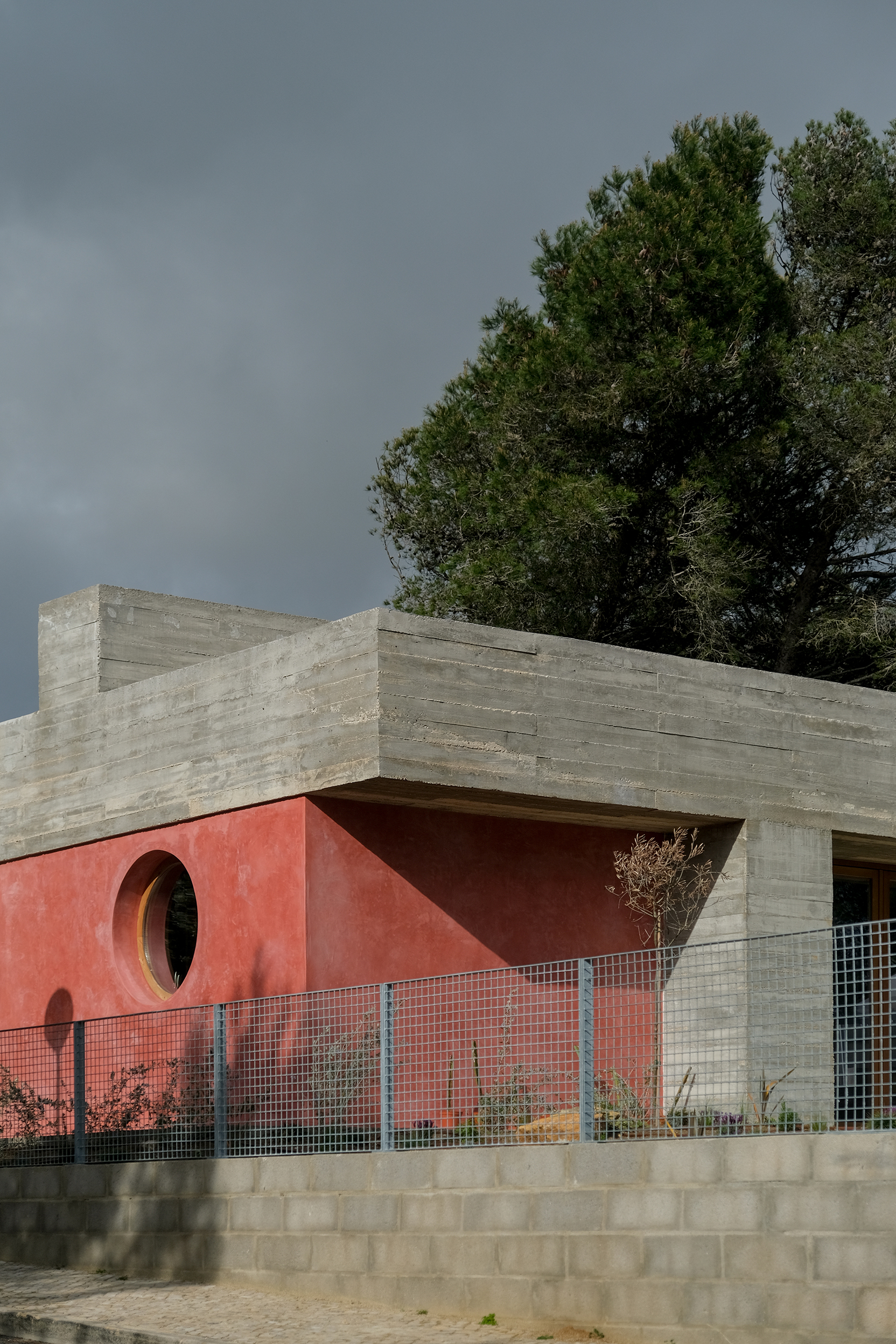 Circular openings in the kitchen area show the connection of the house to its outdoor space