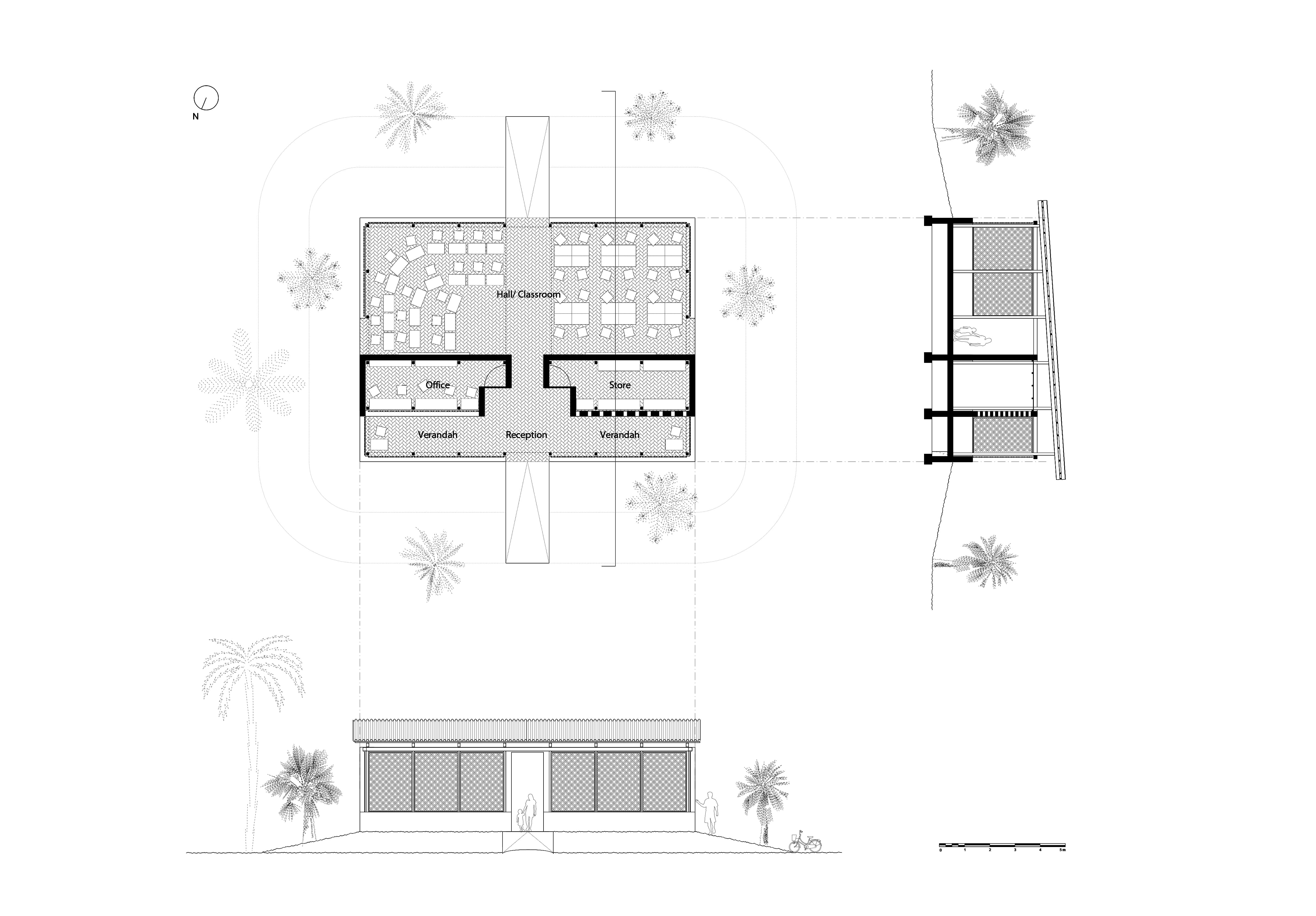 Floor plan, section, and elevation of the main building