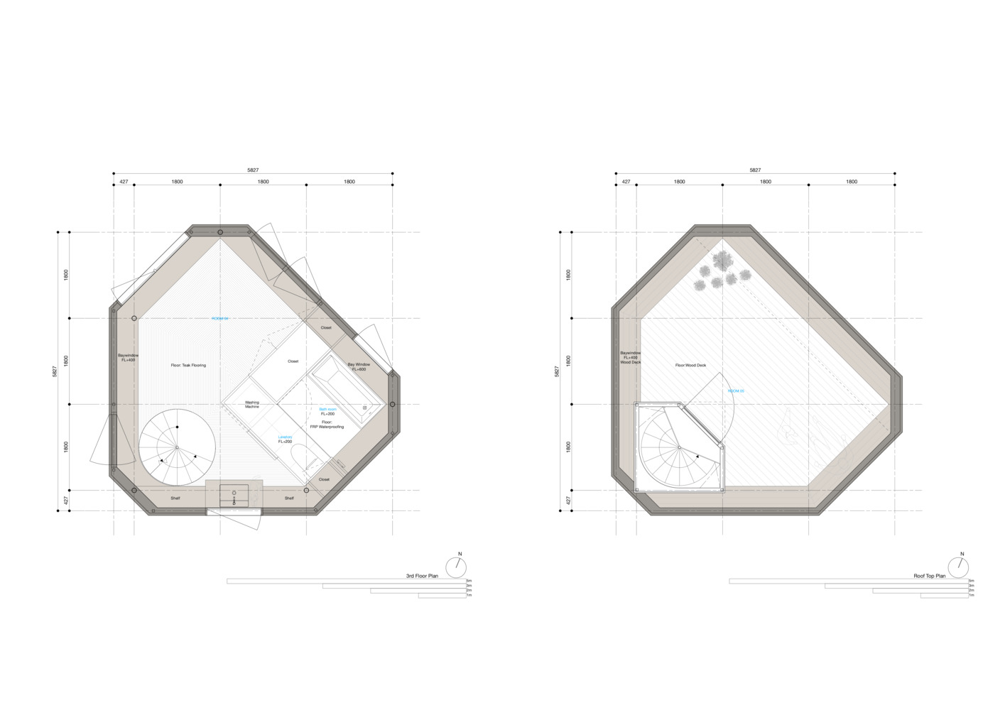 3rd & rooftop  floor plan Bay Window Tower House, Source by Takaaki Fuji + Yuko Fuji Architecture