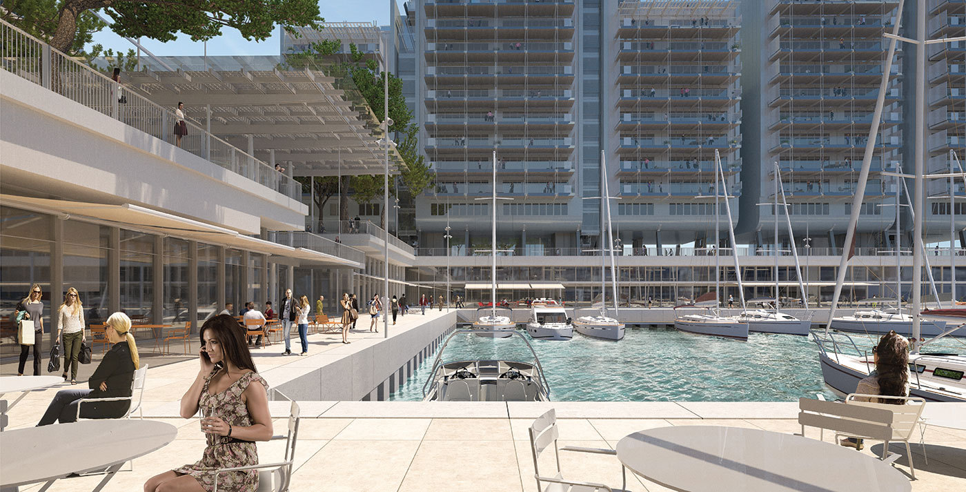 Seafront public facilities accompanied by trees