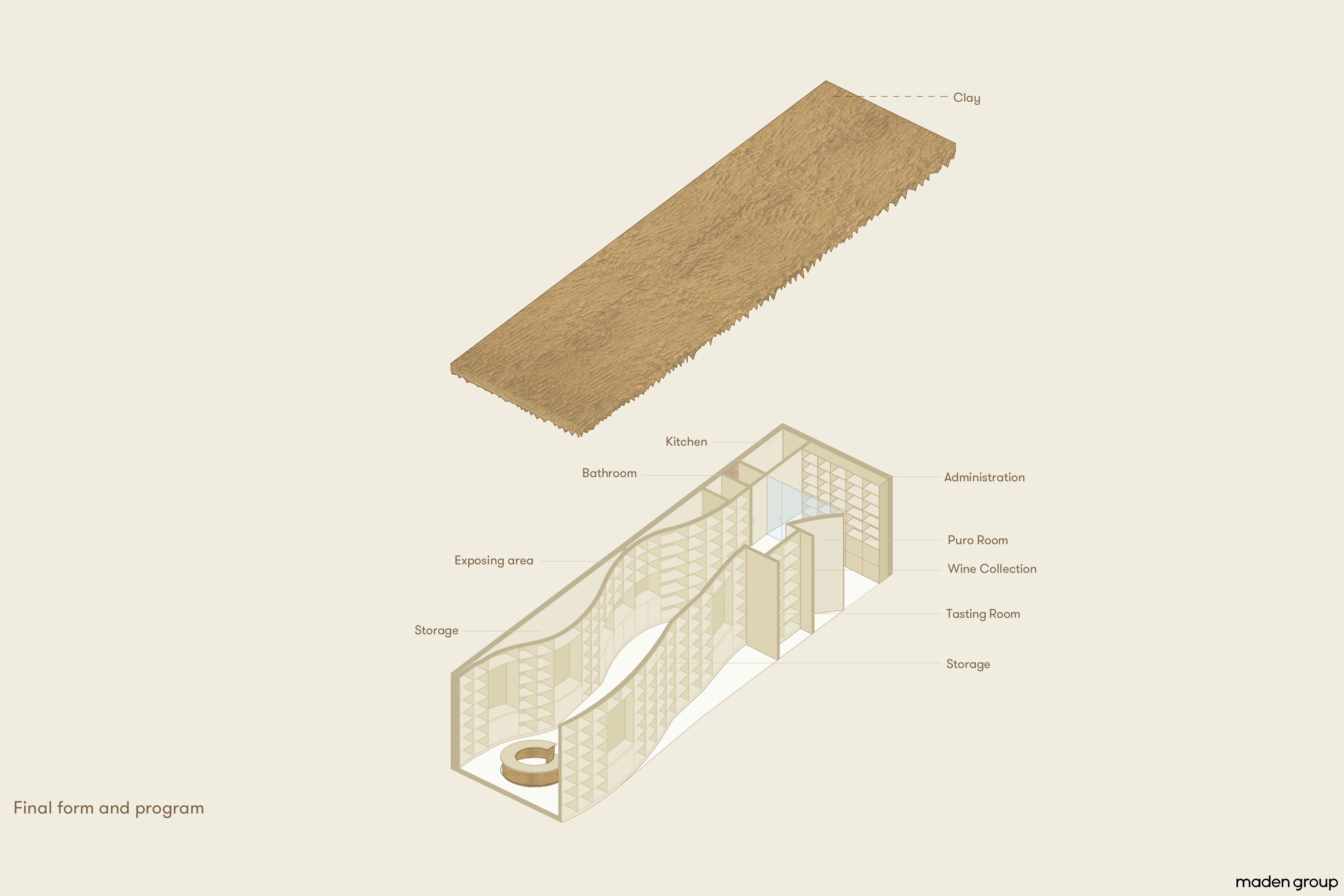 The axonometry and material processing results for layers on the ceiling