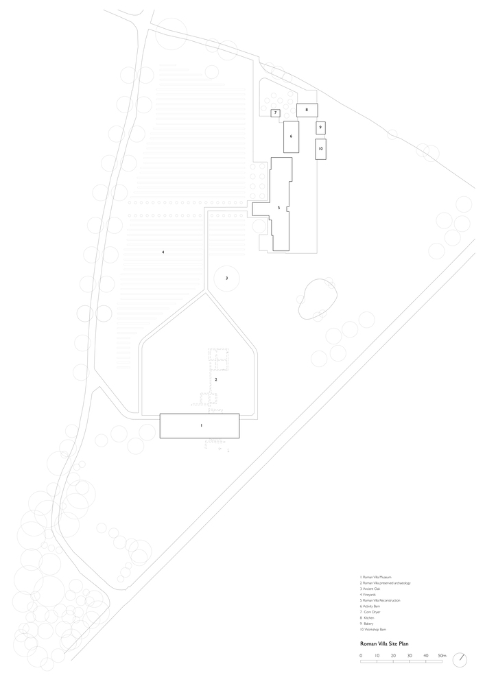 Site plan showing the museum, the preserved ruins, and the reconstructed villa