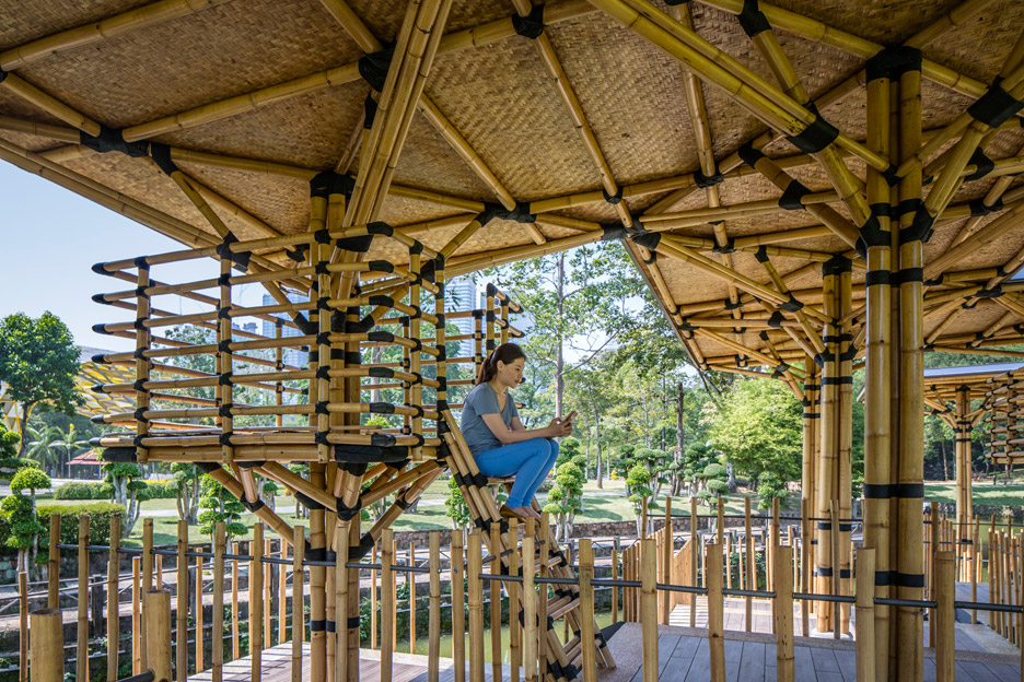 Bamboo boxes as treehouses within the Bamboo Playhouse