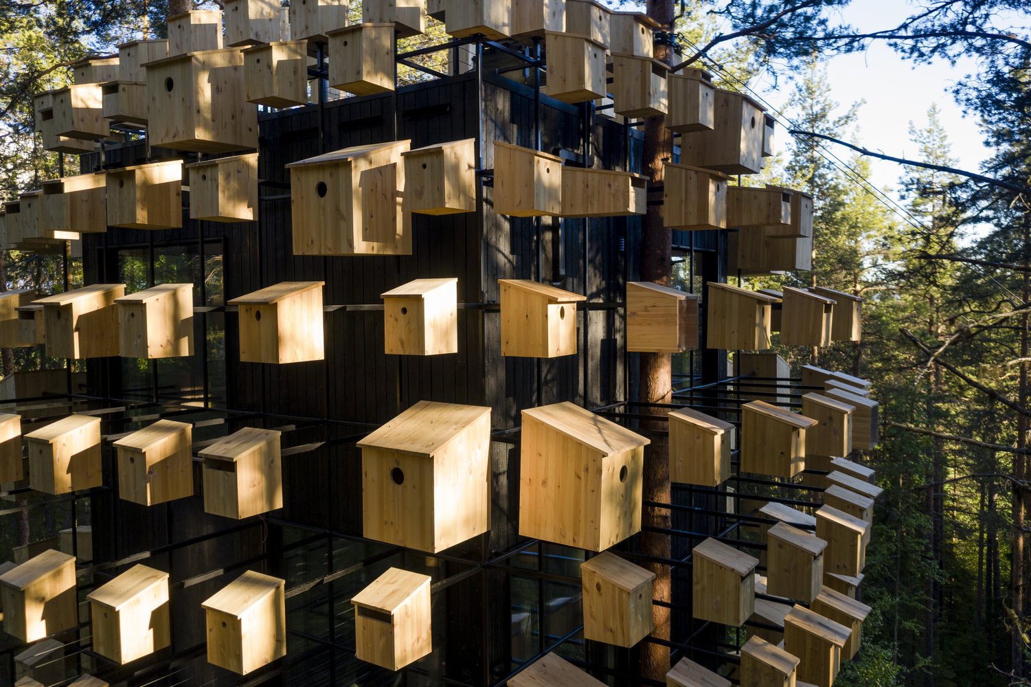 Biosphere's floating structure covered with 350 birdhouses