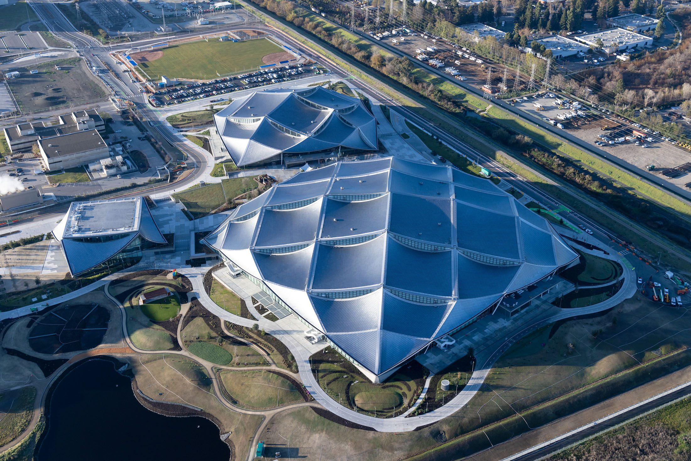 Three buildings on the Google Bay View campus