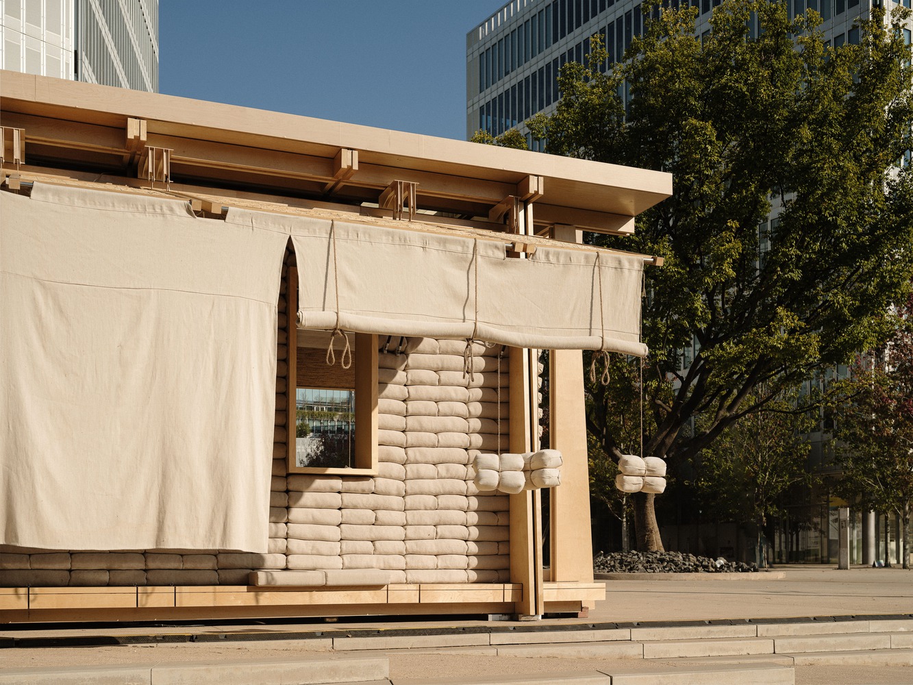 Wood structure and piles of bags