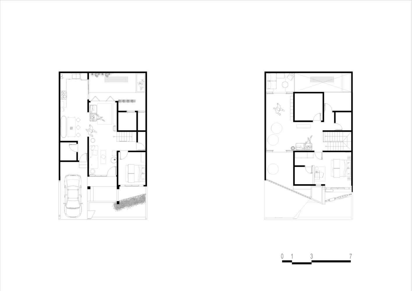 Ground floor plan (left) and top floor plan (right)