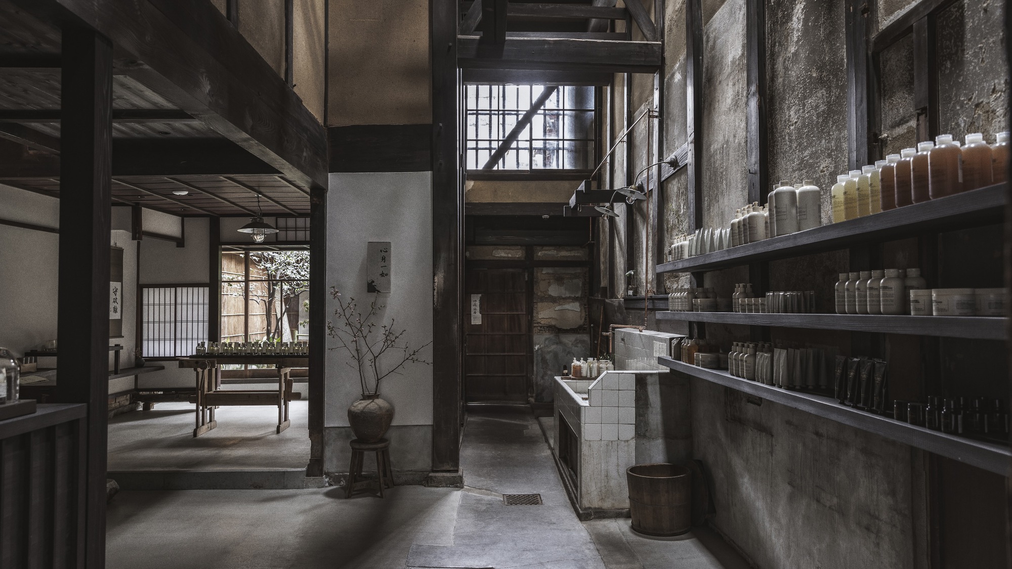 The showcased products at the first floor of Le Labo Kyoto Machiya