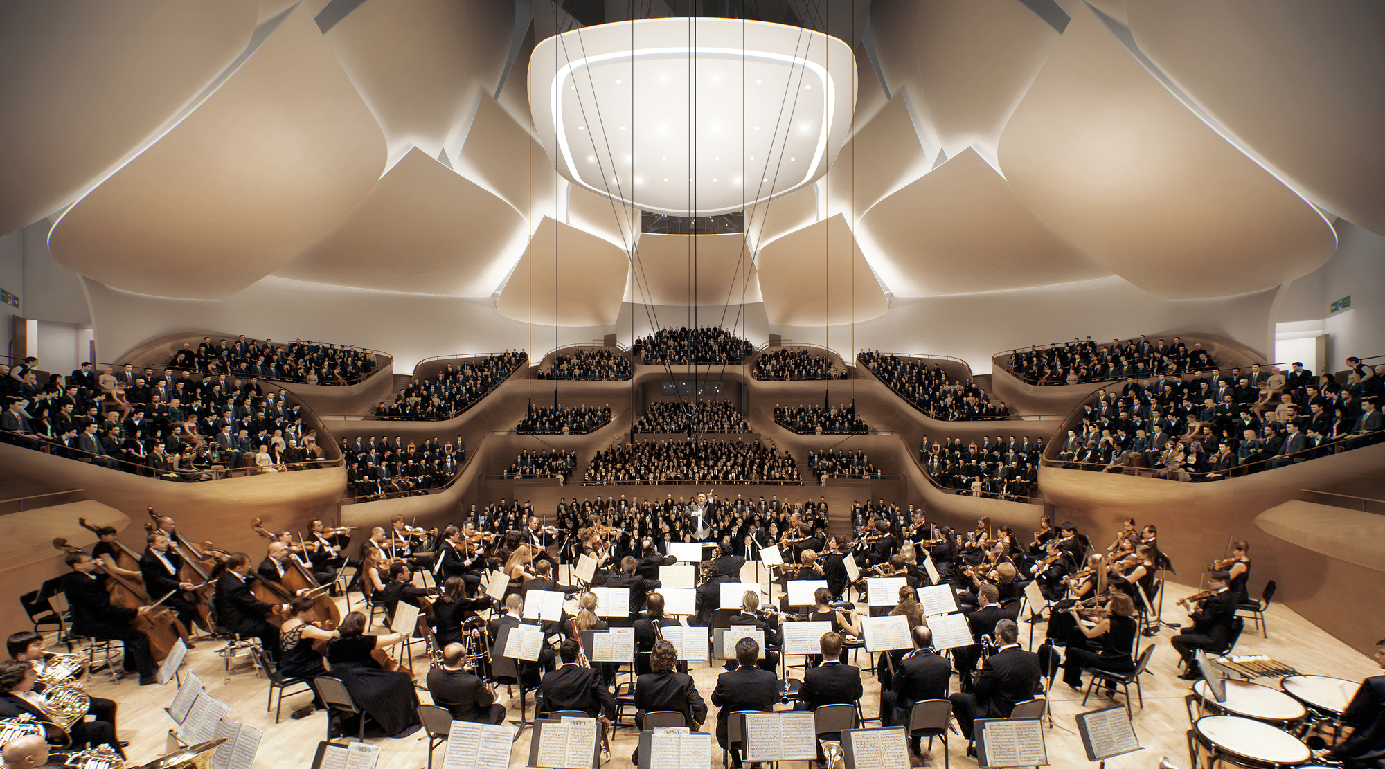 The concert hall seen from the point of view of where the musicians play