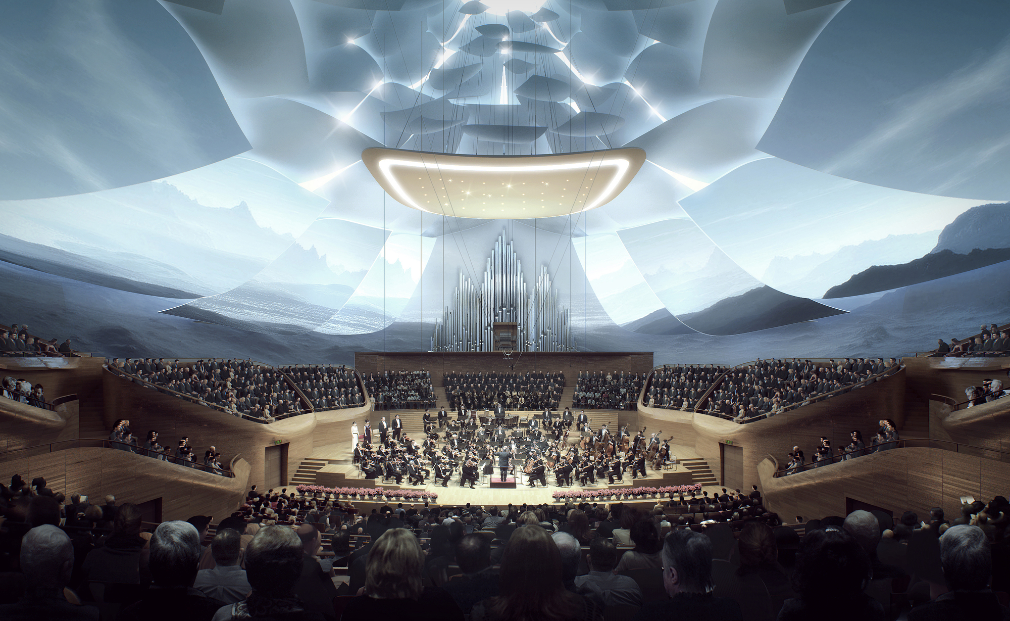 The concert hall is seen from the point of view of the audience seats